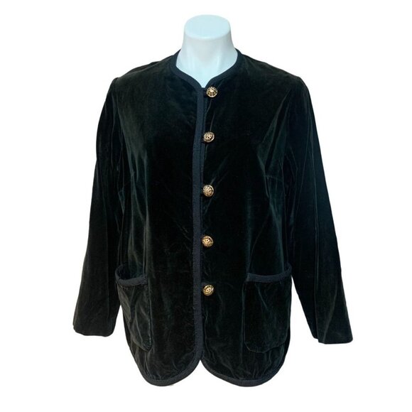 Vintage 60s Women's Black Velvet Jacket Blazer Gold Buttons Plus Size 1X - Picture 1 of 6